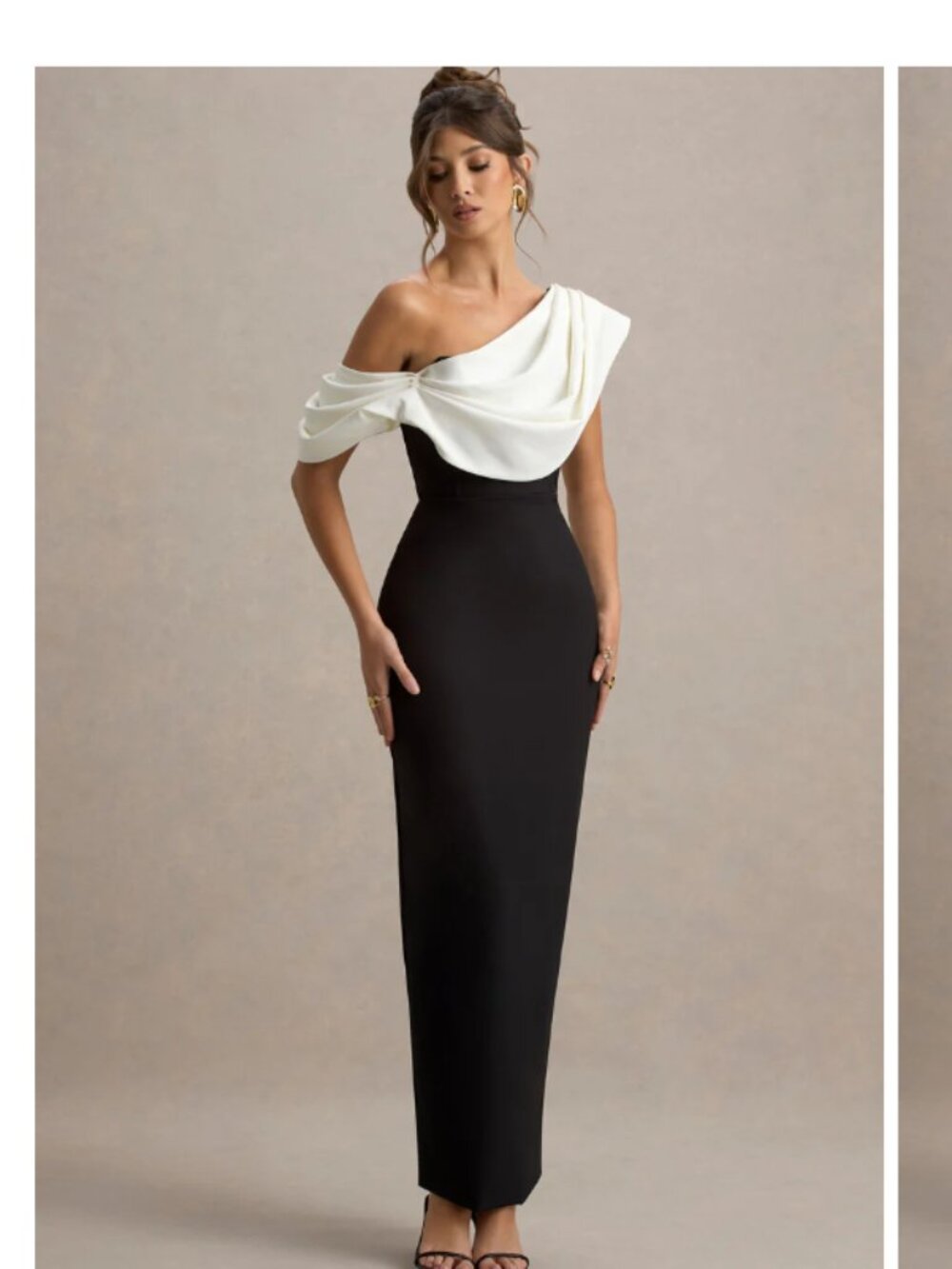 New Club L London Black & White Off-Shoulder Maxi Dress with Side Slit small 4